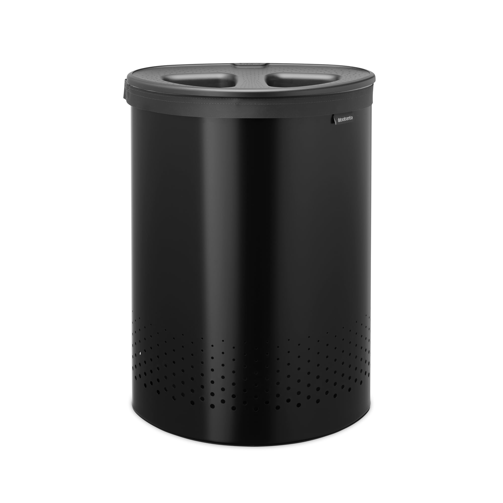Brabantia Wäschekorb mit Deckel | 55 l – Wäschekorb mit 2 Fächern, Quick-Drop-Deckel und herausnehmbarem Baumwollbeutel | Matt black