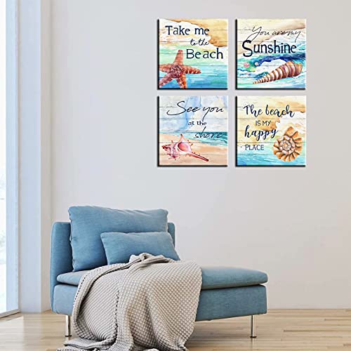 Byllyaz Bathroom Wall Art Decor 4 Pieces Ocean Theme Canvas Prints Framed and Stretched Seascape Conch Starfish Beach Wall Pictures Posters Home Artwork 12x12 - Image 3