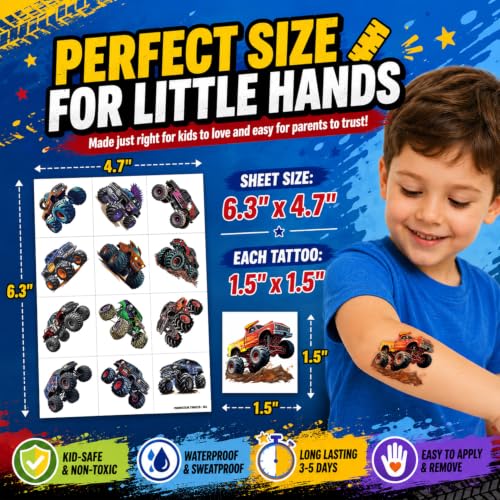 Image of 120 PCS Monster Truck Race Car Pre-Cut Temporary Tattoos for Kids | | Super Cute Themed Birthday Party Favors, Supplies, Decorations, Fake Tattoo Stickers, Rewards & Gifts for Boys Girls