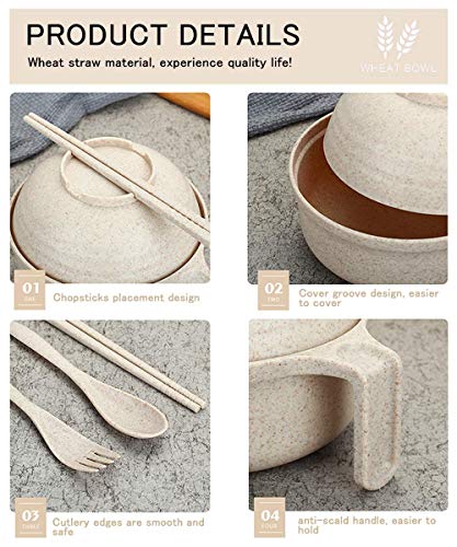 Cugbo 2 Pack Wheat Straw Bowls Sets-Unbreakable Degradable Large Instant Noodle Bowls With Lid And Handle, Student Children's Cutlery Set Cereal Bowls For Soup,Rice,Dessert And Salad (30 Oz, Beige) #TOP3
