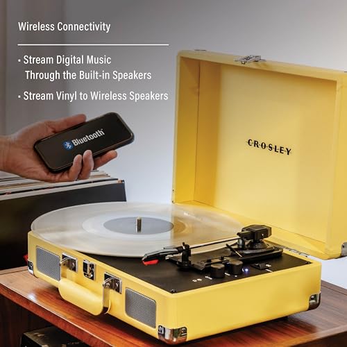 Image of Crosley CR8005F-LY Cruiser Plus Record Player, Lemon Yellow | 3-Speed Turntable, Bluetooth In / Out, Built-in Stereo Speakers, Isolated Internal Speakers Minimize Vibration