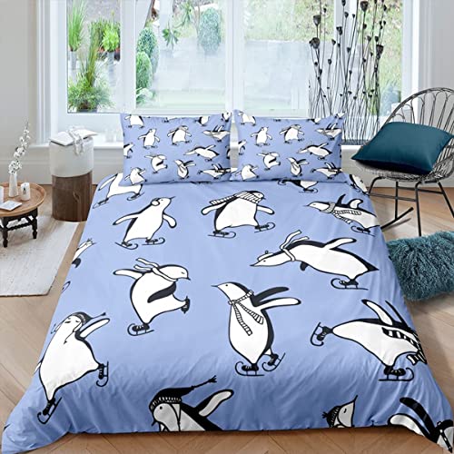 布団カバー シングル 青いペンギン マイクロファイバー 掛け布団カバー 3点セット、防ダニ 超柔らかい ジッパークロージ 布団セット(150x210cm)+ 2枚 枕カバー(43x63cm)