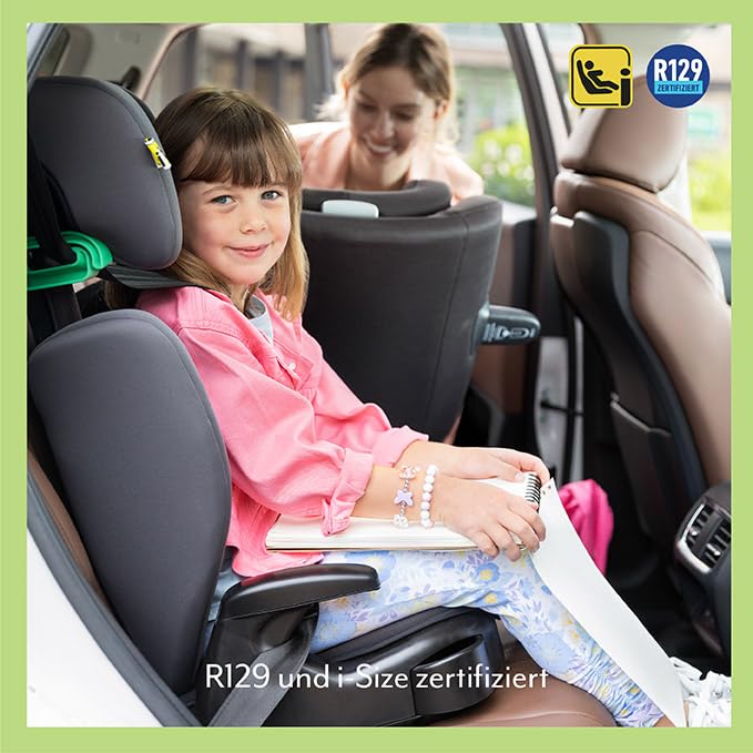 Graco Junior Maxi™ i-Size R129 Kindersitz, ca. 3,5 bis 12 Jahre (100 bis 150 cm), Kindersitzerhöhung, Kopfstütze höhenverstellbar, leicht, mit Getränkehalter, grau, Iron