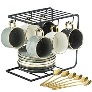 Porcelain Espresso Coffee Cup Set with Saucers Spoons and Metal Stand，8 oz Luxury Cappuccino Milk Royal Cups for Latte Cafe Mocha Cappuccino Gold Trim Exquisite ，Set of 6（3 Color）