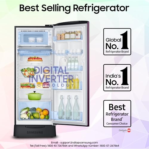 Image of Samsung 223 L, 3 Star, Digital Inverter, Direct-Cool Single Door Refrigerator (RR24C2Z23CR /NL, Red, Camellia Purple, Base Stand Drawer)