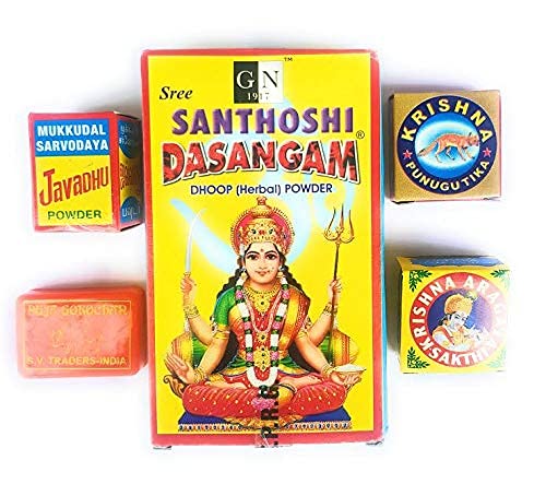 Bricker Holy Pooja Divine Incense Set- Dasangam Powder,Javadhu, Punugu, Aragaja and Gorojanam(Pack of-5)