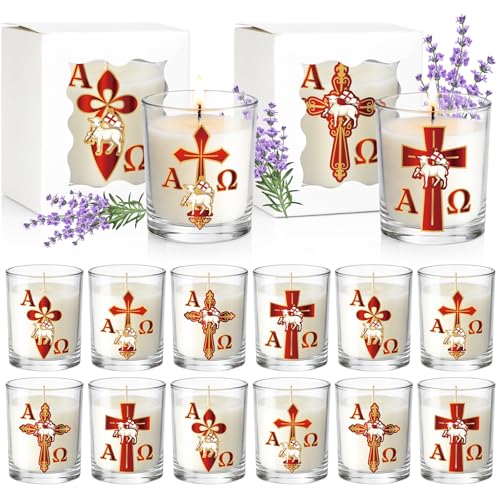 Cinrobiye 12 Pcs Christian Religious Scented Candle Gift Set, Paschal Catholic Candle with Alpha Omega Cross and Lamb Design, Easter Prayer Candle for Baptism First Communion Church Decor