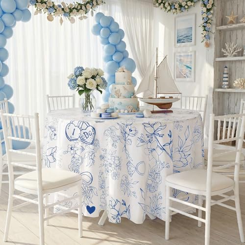 Image of Ganeen 6 Pcs Something Blue Tablecloth I Do Blue Floral Round Tablecloths Bridal Shower Bachelorette Party Decorations Plastic Round Table Covers for Wedding Bridal Shower Home Party Decoration