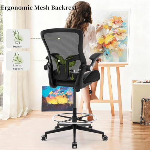 Image of Drafting Chair, Tall Office Chair with PU Leather Seat, Standing Desk Chair Counter Height Office Chairs with 21.65'' Footrest Ring and Adjustable Lumbar Support Armrests Black