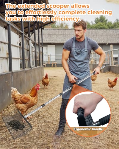 Image of 15-inch Large Chicken Poop Scooper, Heavy Duty Adjustable Chicken Coop Scoop for Sand with Ergonomic Grip,Metal Chicken Coop Scoop with 24 to 68 inch