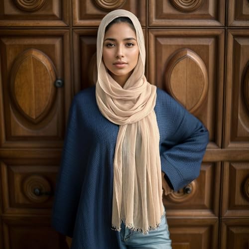 Cotton Linen Plain Hijab Scarf For Women,Muslim Viscose Crinkle Edge With Fringe,Summer Beach Wrap Headwraps Shawl2