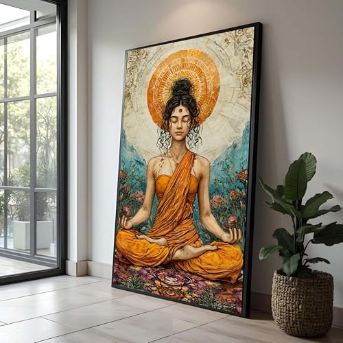 Toile femme en robe orange déco bohème chic pour créer un coin de méditation et de détente