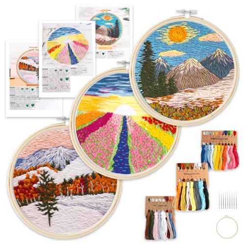 WYTNB 3 Kits de Punto de Cruz con Aros de Bordado, Kit de Inicio de Bordado con Patrón e Instrucciones, Kit Básico de Bordado de Gama Completa para Adultos Principiante