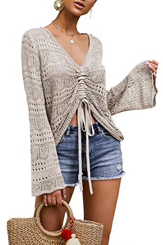 Image of Saodimallsu Womens Boho Off Shoulder Sheer Crop Tops Bell Sleeve Flowy Oversized Crochet Ruched Pullover Sweaters