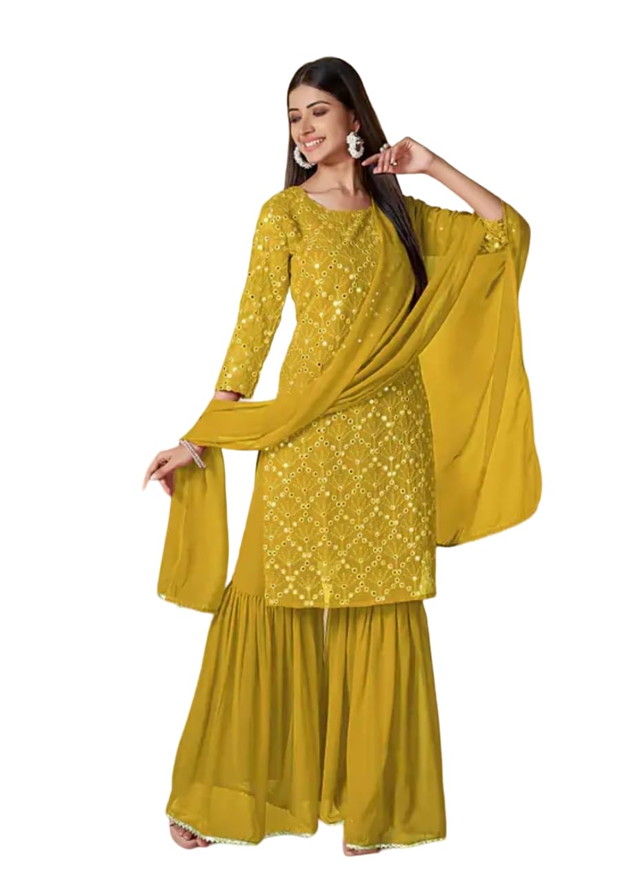 anvruya boutique Women's Georgette Sharara Kurta with Dupatta Set-picture-20
