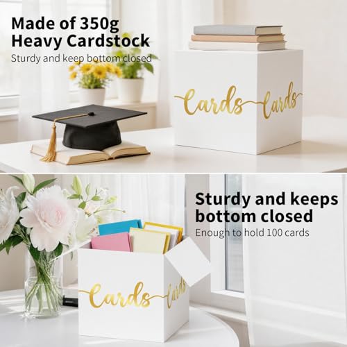 Image of OLANRUN Gift Card Box, 9 inch Graduation Gold Foil Card Box, White and Gold Party Decorations for Wedding, Birthday, Baby & Bridal Shower, Anniversary, Retirement