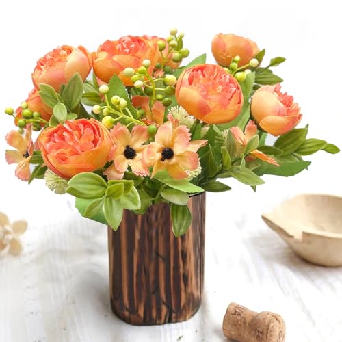 Image of TIED RIBBONS 2 Pcs Artificial Rose Peony Flowers Bunch Sticks for Decoration (Orange) Decorative Items for Home Table Vase Pot Craft Living Room Bedroom Office Restaurant (Without Vase) - Polyester