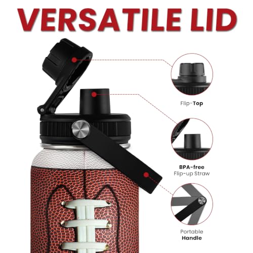 Image of SANDJEST Football Water Bottle 32oz Stainless Steel Insulated Bottles for Men Boys Sports Lovers Fan Players Coach - Softball Gifts for Birthday Christmas