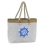 Bolsa de Playa/Capazo Grande, de color Blanco, realizada en Fibra, con Asas de Hombro elaboradas de Cuerda. Diseño Veraniego, con estilo Marinero.