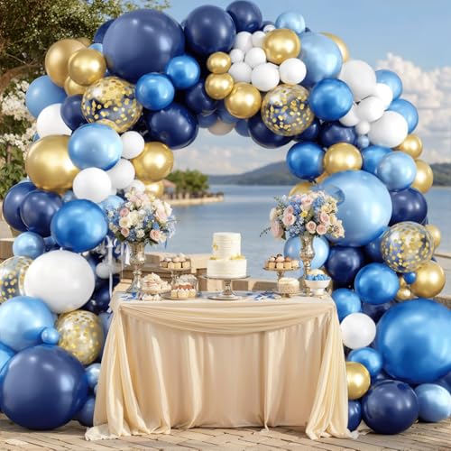 Image of Navy Blue and Gold Balloons Arch Kit, Blue and White Balloon Arch Kit with Metallic Dark Light Blue Gold Conftti Balloons Garland for Graduation Birthday Father's Day Party DIY Decoration