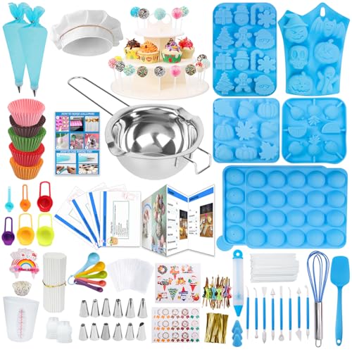 Cake Pop Maker Kit with Cake Pop Sticks Silicone Cake Pop Mold Cake Stand Chocolate Candy Melting Pot Lollipop Instructions Visual Recipe Cards Icing Piping Tips Cake Topper Baking Supplies