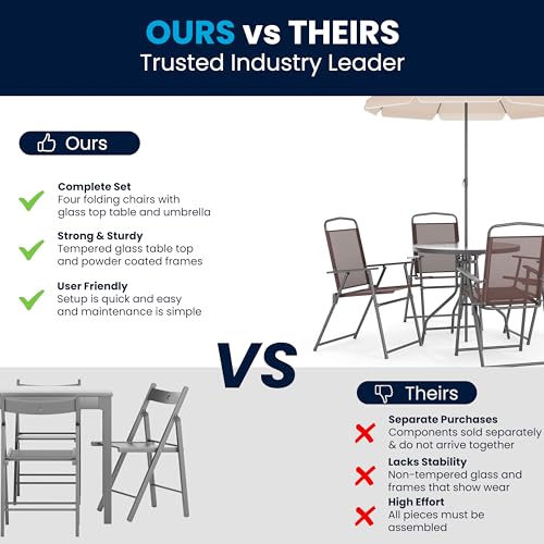 Image of Flash Furniture Nantucket 6-Piece Patio Dining Set with Glass Table, 4 Folding Chairs, and Umbrella, Outdoor Patio Set, Brown