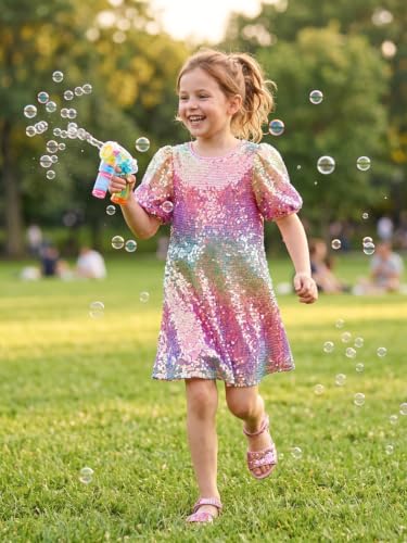 Image of WELAKEN Girls Ombre Sequin Dress Sparkly Fancy Short Puff Sleeves Gradient Party Dress