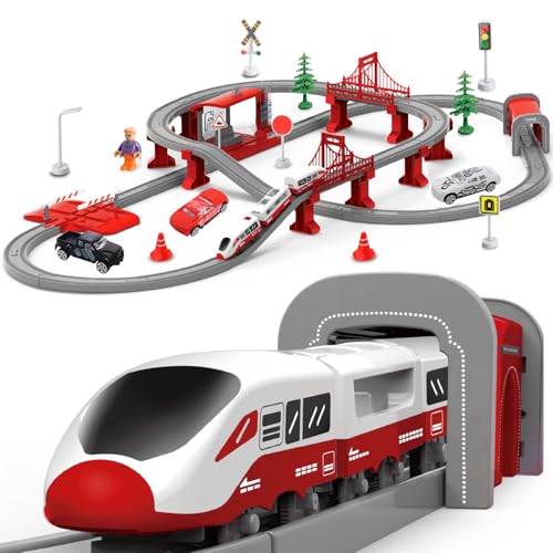 XIAPIA Electric Train Sets Railway Learning Educational Toys for Kids Boys Girls Age 3 Years Up, 104 Pcs Track Accessories Car Set Christmas Xmas New Year Gifts