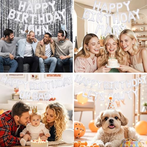 Image of 65 Pcs White Happy Birthday Balloons, 2 Sets A-Z White Letters Foil Balloons,16 Inch Personalized Name Happy Birthday Banners for Wedding Baby Shower Anniversary Party Decorations