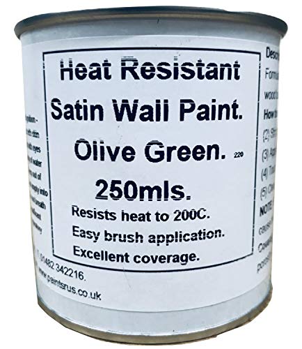 1 x 250ml Satin Olive/Dark Green Heat Resistant Wall Paint. Wood Burner Stove Alcove. Brick, Concrete, Plaster, Cement Board, Rendering, Metal, Timber etc.