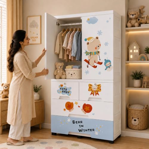 Image of Kids Plastic Wardrobe for Clothes Storage | Baby Cupboard & Almirah with Hanging Rod & Shelves | Portable Collapsible Storage Cabinet for Bedroom | Cartoon Kids Wardrobe