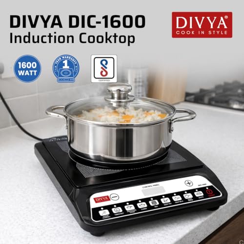Image of DIVYA 1600 W Induction Cooktop for Home | Indian Cooking Functions | Over Heating Protection | Voltage Control Technology | Energy Efficient Induction Stove | Black