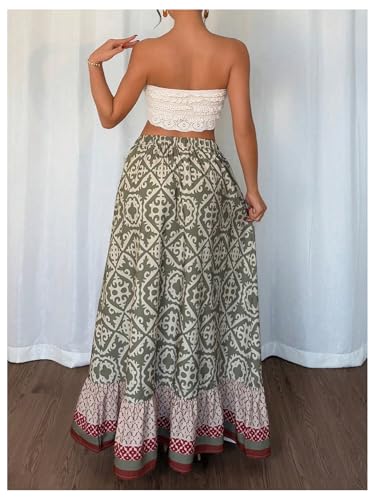 Women's Boho Printed Maxi Skirt Tribal Ruffle Elastic High Waist A Line Flowy Summer Skirts4