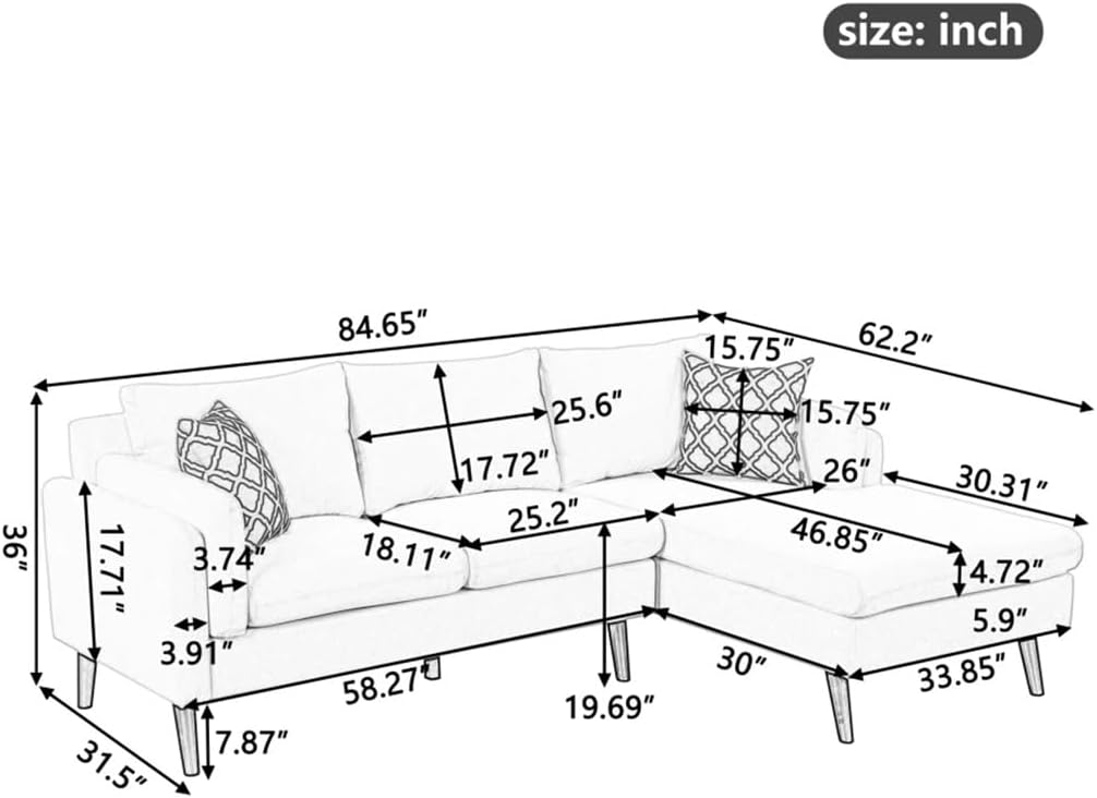 84.65" Upholstered L-Shape Sofa Couch with Chaise 3-Seater with Rubber Wood Legs for Living Room