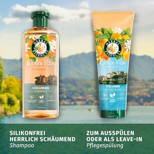 Herbal Essences Volumen Shampoo mit Orangenduft 350ml, Von feinem Haar zu gestärktem Haar voller Volumen von der Wurzel bis zur Spitze, Mit Inhaltsstoffen natürlichen Ursprungs, Vegan, ohne Silikone