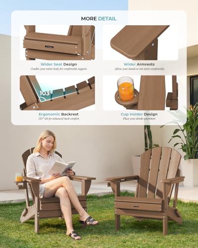 Ciokea Folding Adirondack Chair Wood Texture, Patio Adirondack Chair Weather Resistant, Plastic Fire Pit Chair with Cup Holder, Lawn Chair for Outdoor Porch Garden Backyard Deck (Teak) - Image 7