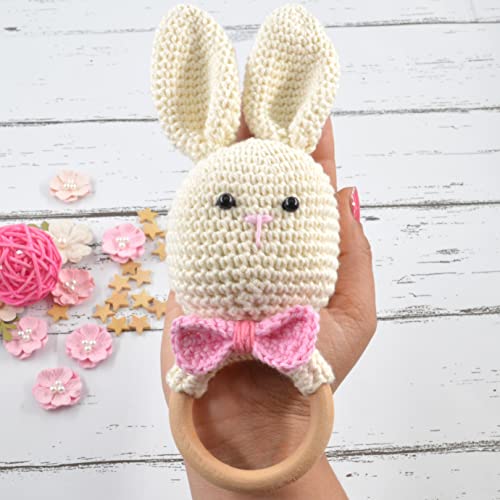 Image of Love Crochet Art Animal Shape Crochet Rattle Cum Soft Toy for Infant, Kids & Babies, Early Age Gift Toys (Bow Rabbit - Cream)