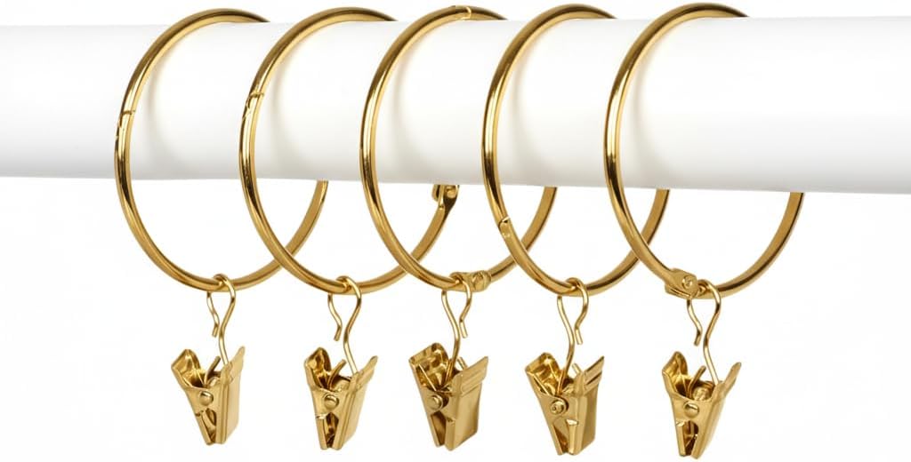 Easy Open Curtain & Shower Rings 22 Pack - Heavy Duty 6.6lb Clips, Rustproof Metal for 1.5" Rods | No Remove Rod Design | Bath & Window Hooks (Gold)