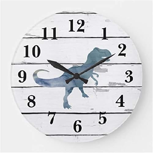 Dinosaur Trex - Reloj de pared rústico de madera, decorativo, de 12 pulgadas, redondo, silencioso, sin tictac, funciona con pilas, fácil de leer