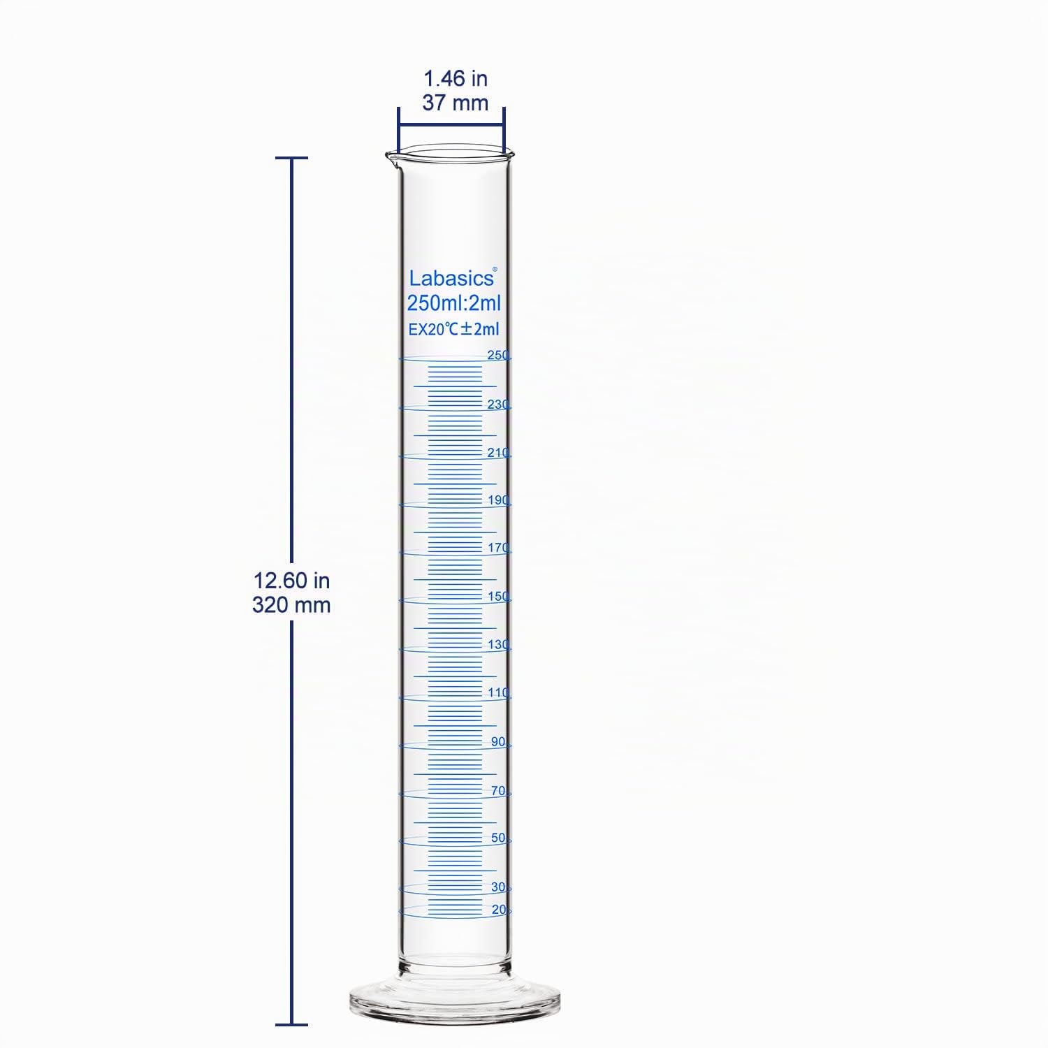 Labasics Lot de 4 Éprouvettes Graduées en Verre Borosilicaté, 250 ml, Cylindre Gradué à Paroi Épaisse, Verrerie de Laboratoire, Bec Verseur