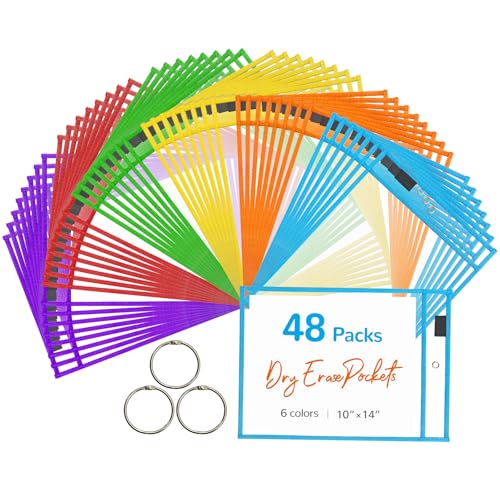 Toolterritary 48 Packs Oversized Dry Erase Pockets Reusable Sleeves with 3 Rings, 6 Assorted Colors 10x14 inch Job Ticket Holder, Heavy Dusty Work Order Sleeves for Classroom, School, Office