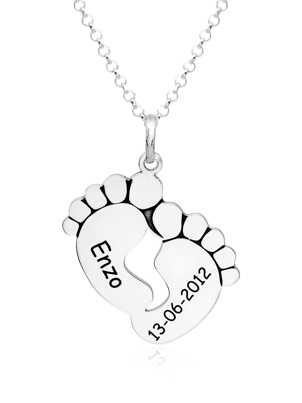Colgante Pies Bebe Personalizado con Nombre o Fecha de Plata de Ley 925. Regalos Originales para Mujer. Collar ideal para Madres Primerizas. Graba nombre y fecha de Nacimiento de tu Bebé