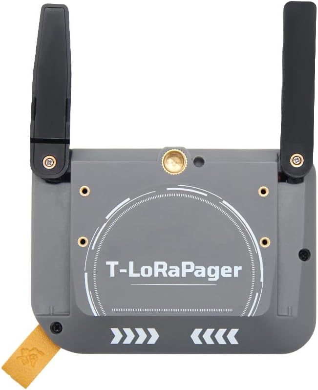 LILYGO T-Lora Pager back view with T-LoRaPager logo and antennas