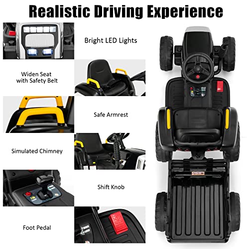 Image of Costzon Ride on Tractor with Detachable Trailer, Kids' Electric Vehicles w /3-Gear-Shift Ground Loader, Wireless Design & USB, 7 LED Headlights, Remote Control Tractor Toy for Kids 3+ (12V, Black)