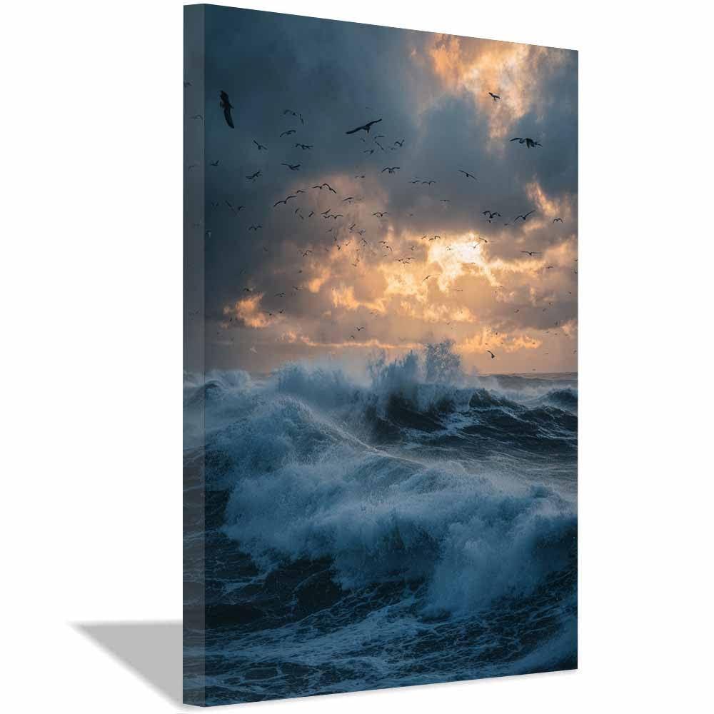 HOQIU Vintage wall art Stormy Sea Seagulls Flight decorative painting, wall art, for Living Room Bathroom Bedroom Kitchen Decoration.(Multicolor)-70x100cm Framed