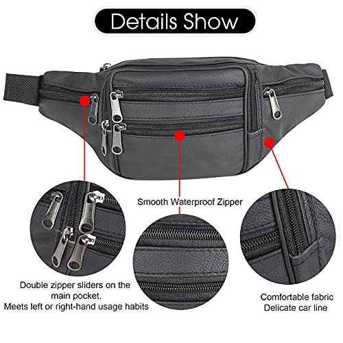 Leather Fanny Pack Travel Waist Bag 7 Pockets Waist Pack.suitable For Outdoor Mountaineering Travel Camping Cycling Running Etc Fanning511 Fanny Pack (Black) #TOP4