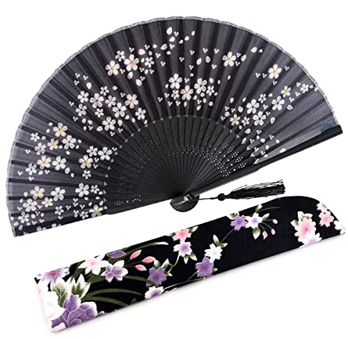 Amajiji 8.27"(21cm) Hand Held Bamboo Silk Folding Fan Hand Fan,Chinese/Japanese Charming Elegant Vintage Retro Style,Women Ladys Girls Best Gifts (Black Little Sakura)