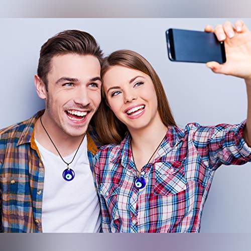 Hicarer 12 Pieces Evil Eye Necklace Bracelet Set Include 6 Evil Eye Necklace Blue Turkish Glass Leather Rope and 6 Hamsa Blue Beaded Charm Bracelet for Women Men4