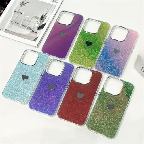 Coque Rigide PC Miroir Scintillant Cœur d'Amour pour iPhone 14 Pro et Plus Cadre Galvanisé Bleu
