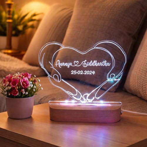Image of Personalized UV Printed Photo 3D Illusion LED Table Lamp for Couple Gift for Anniversary, Wedding, Marriage, Valentine Day- Your Wooden Base Text Egraved (Multi)